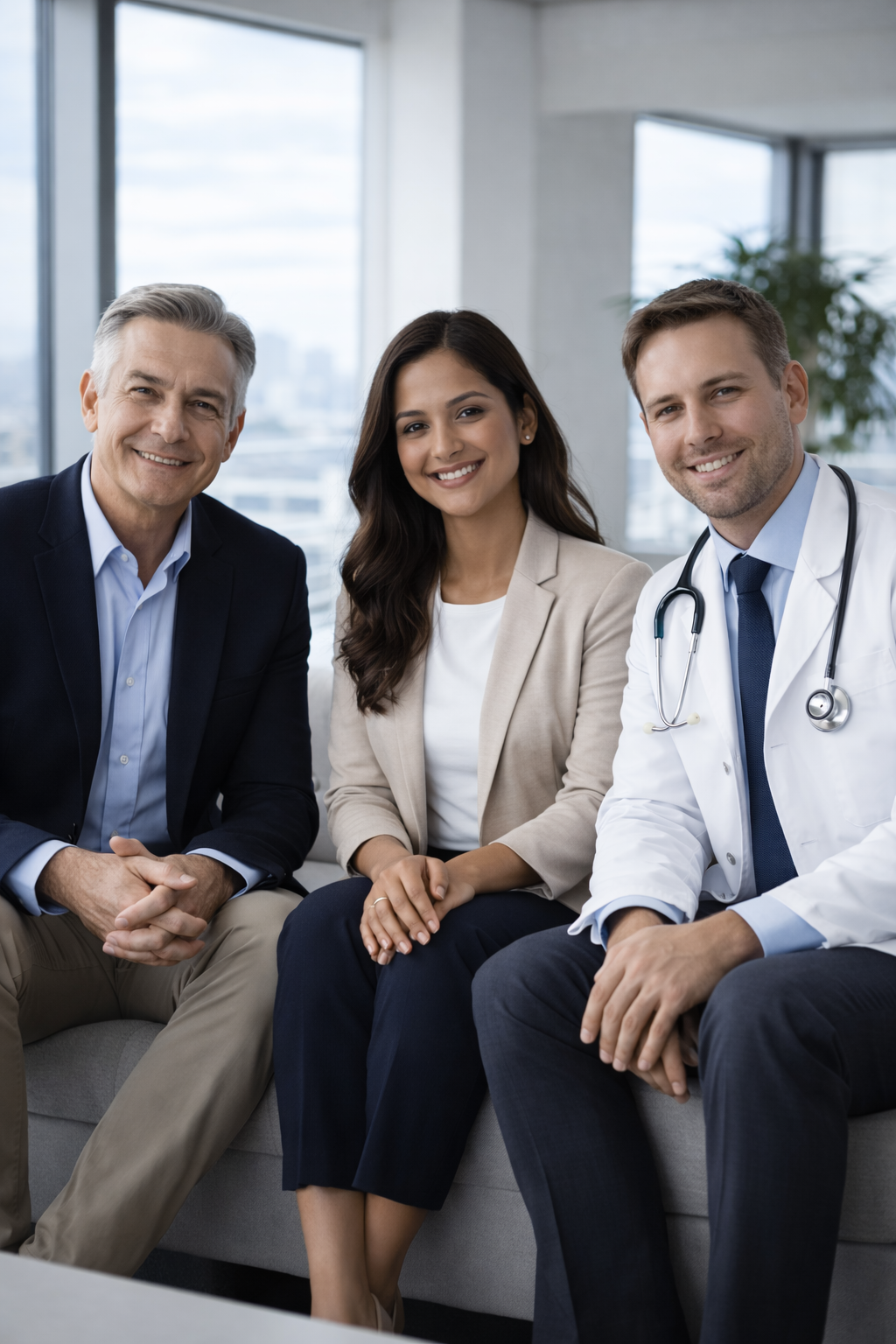 Tre professionisti, due uomini e una donna, sorridenti, seduti in un'ambiente moderno, con finestra sullo sfondo