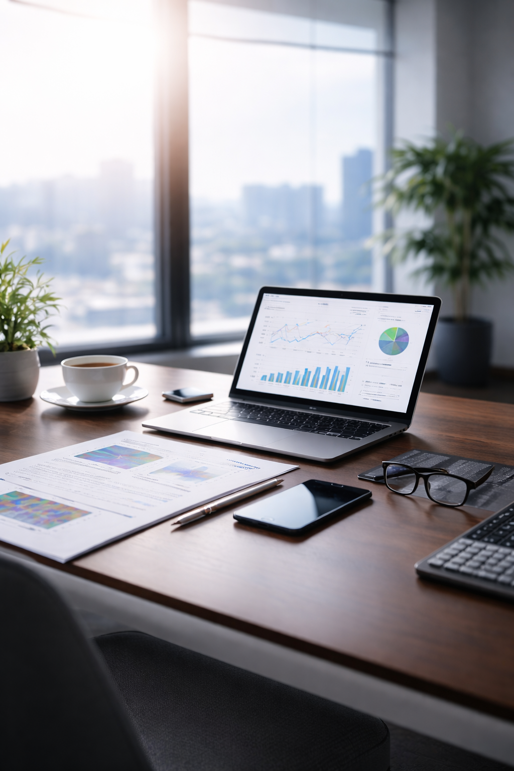 Una scrivania in un ufficio con un laptop aperto che mostra grafici e dati, accanto a documenti, una penna, un cellulare, un paio di occhiali e una tazza di caffè. Sullo sfondo finestre con vista sulla città e piante d'appartamento.
