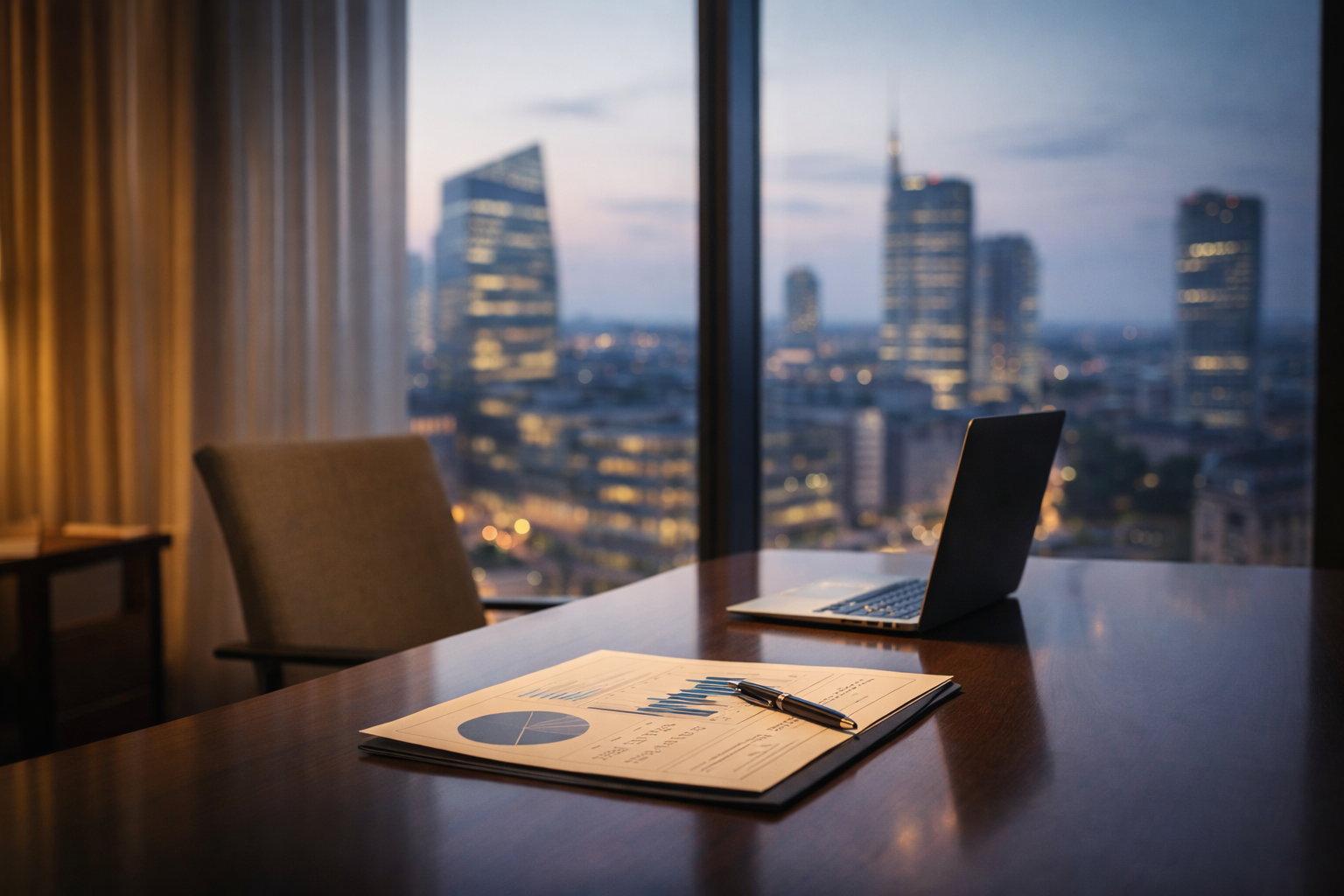 Ufficio con una scrivania, un portatile aperto, alcuni documenti con grafici e una penna. Vista sulla città con grattacieli e il cielo al tramonto visibile attraverso grandi vetrate.