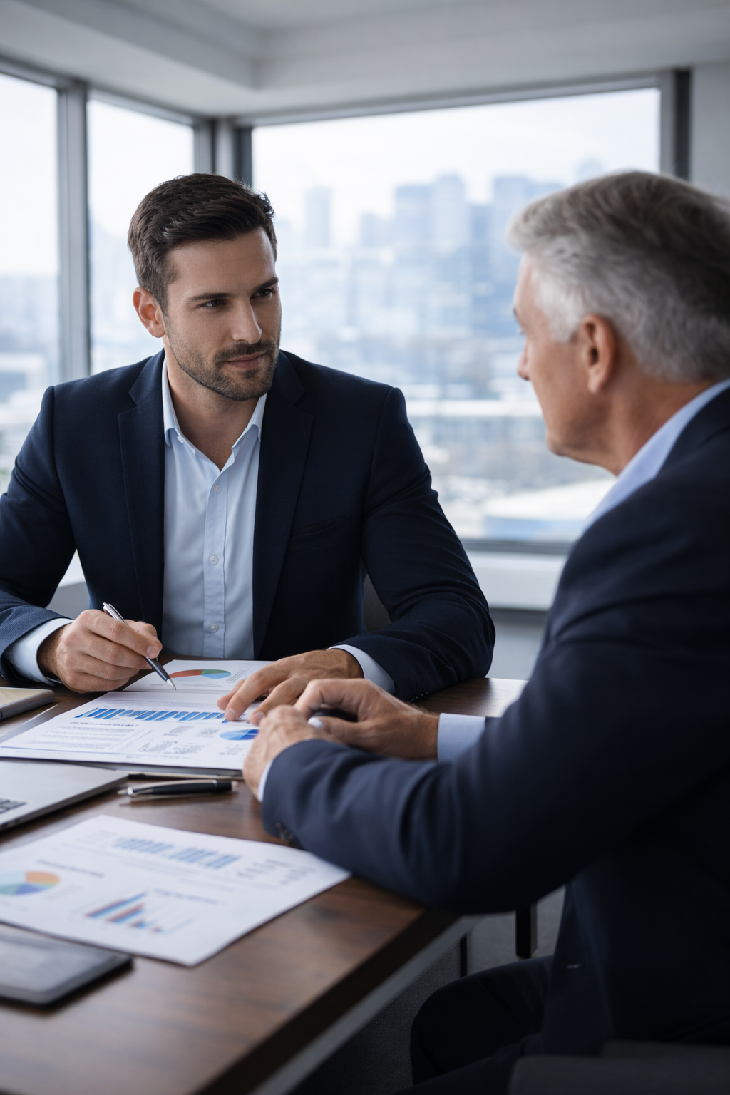 Due uomini in abiti formali discutono a un tavolo con documenti e grafici, in un ufficio con grandi finestre e vista sulla città.