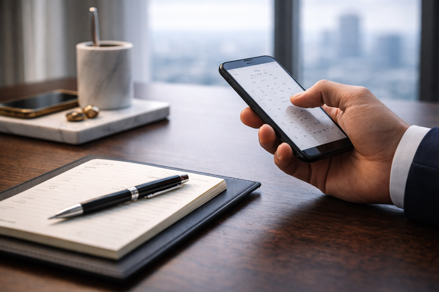 Una persona tiene in mano uno smartphone con un calendario digitale sullo schermo. Sul tavolo davanti, c'è un taccuino con una penna e una cartelletta nera. In fondo, c'è un porta-penne di marmo con una penna, una scatola con un telefono e un paio di occhiali dorati. La scena si svolge vicino a una finestra con vista urbana
