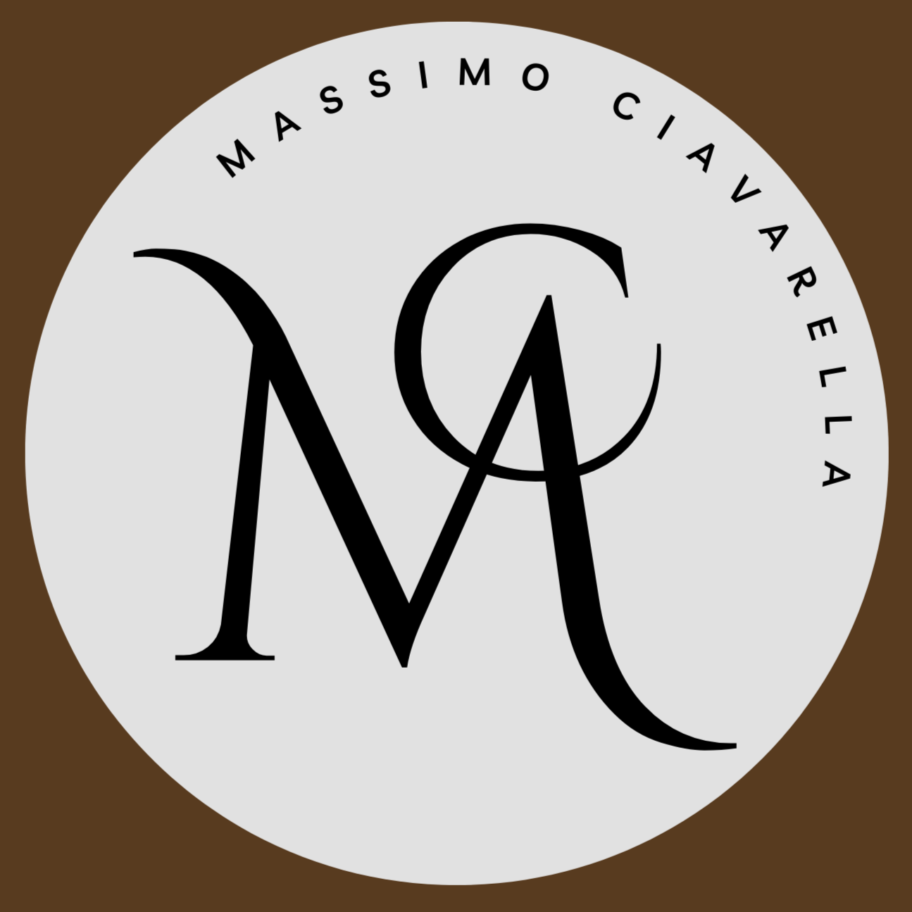 Logo with stylized initials 'M' and 'C' inside a gray circle, with 'MASSIMO CIAVARELLA' written around the top and the bottom of the circle, on a brown background.