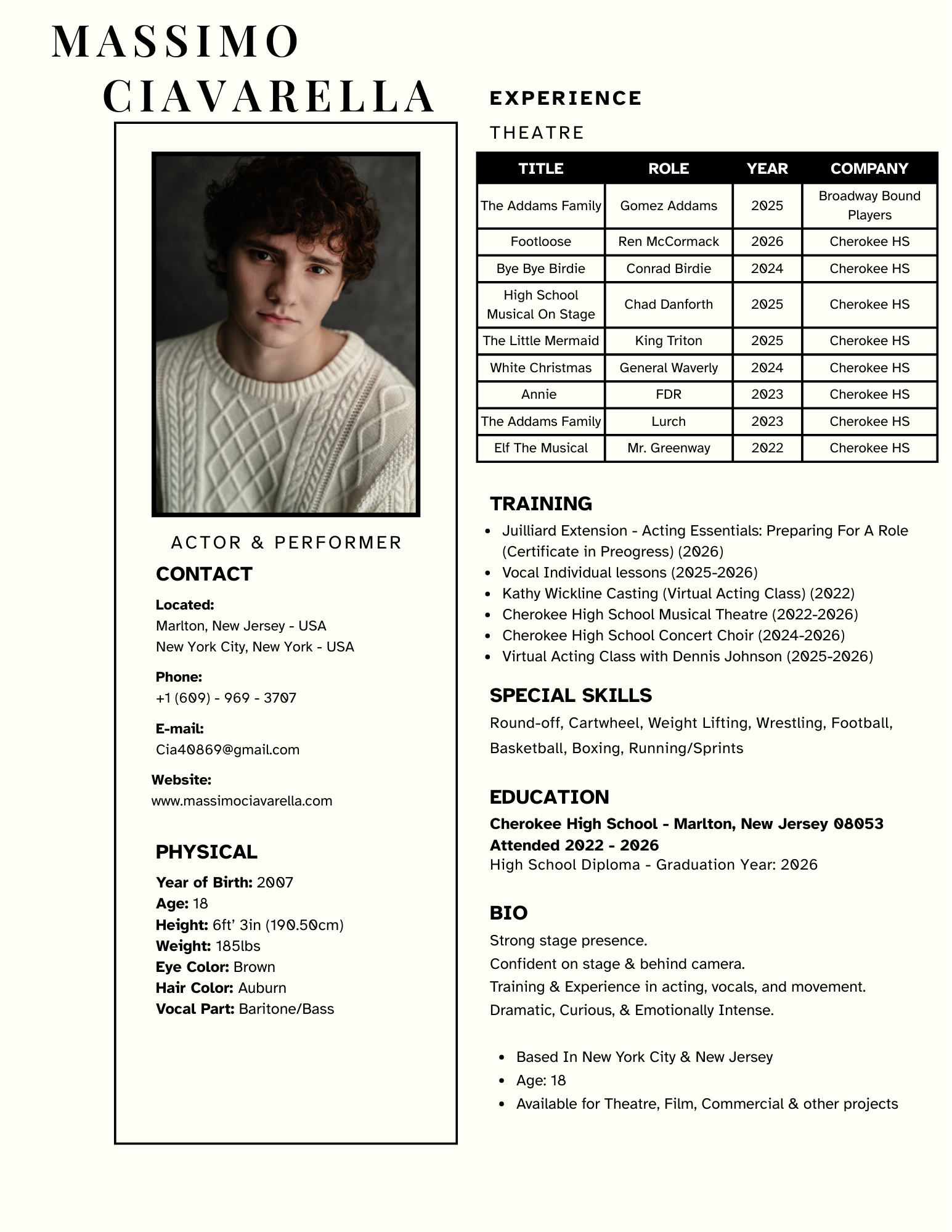 A resume featuring a young male actor and performer named Massimo Ciavarella. The resume includes a photograph of him wearing a white knit sweater. It details his contact information, physical attributes, acting experience, training, skills, education, and biography.