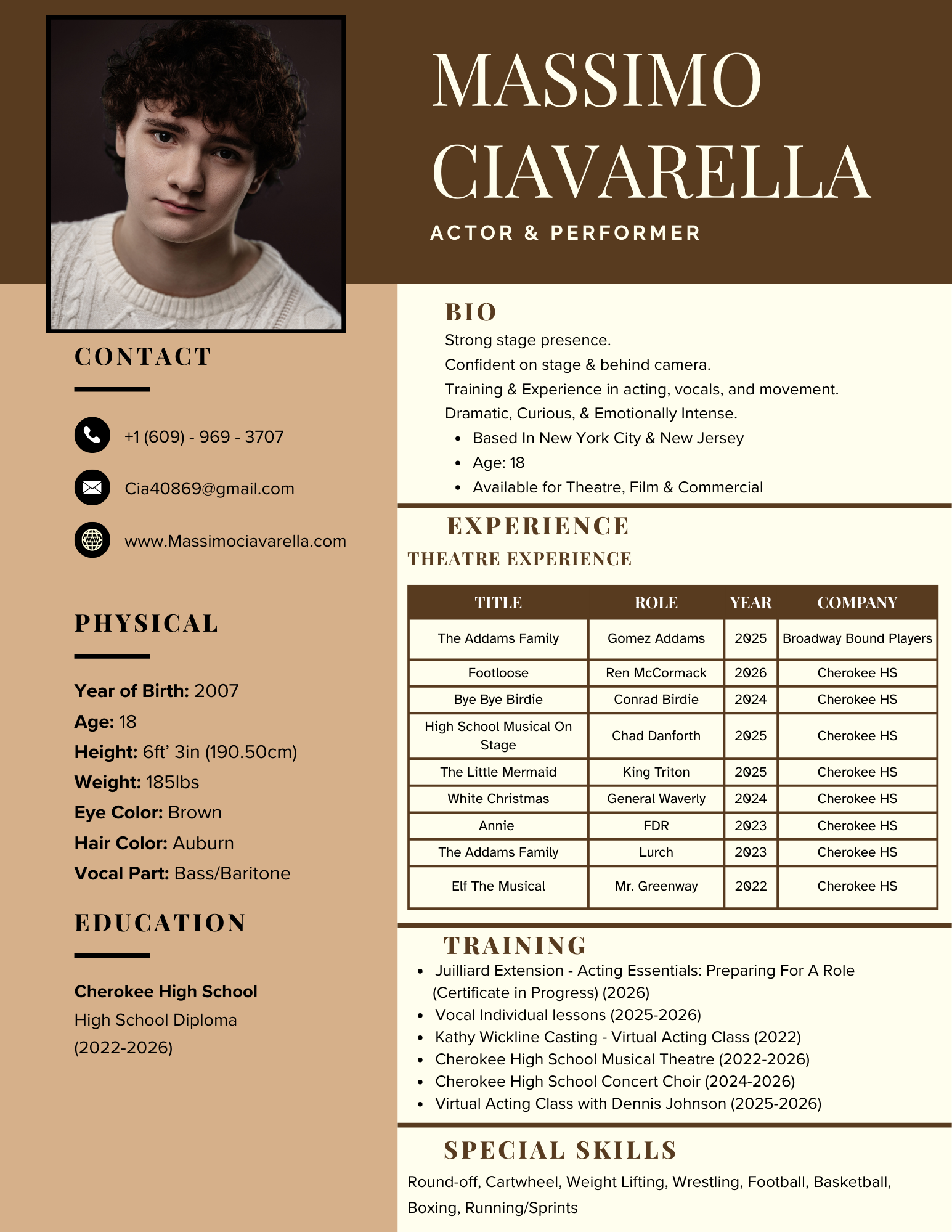 Resume of Massimo Ciavarella, actor and performer, including photo, contact info, physical attributes, education, theatre experience, training, and skills.