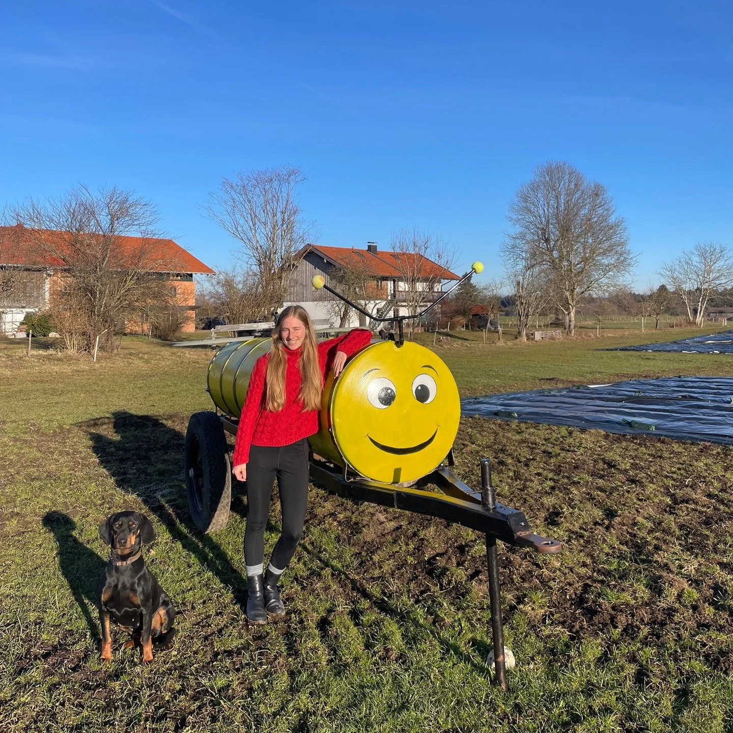 Team Marktg&auml;rtnerei 👩&zwj;🌾🐶🐝 
Links: Sina &ndash; zust&auml;ndig f&uuml;r Motivation, Pausenmanagement und gute Laune. 
Mitte: ich &ndash; zust&auml;ndig f&uuml;r Planung, Anbau und Entscheidungen.
Rechts: die Biene &ndash; zust&auml;ndig f