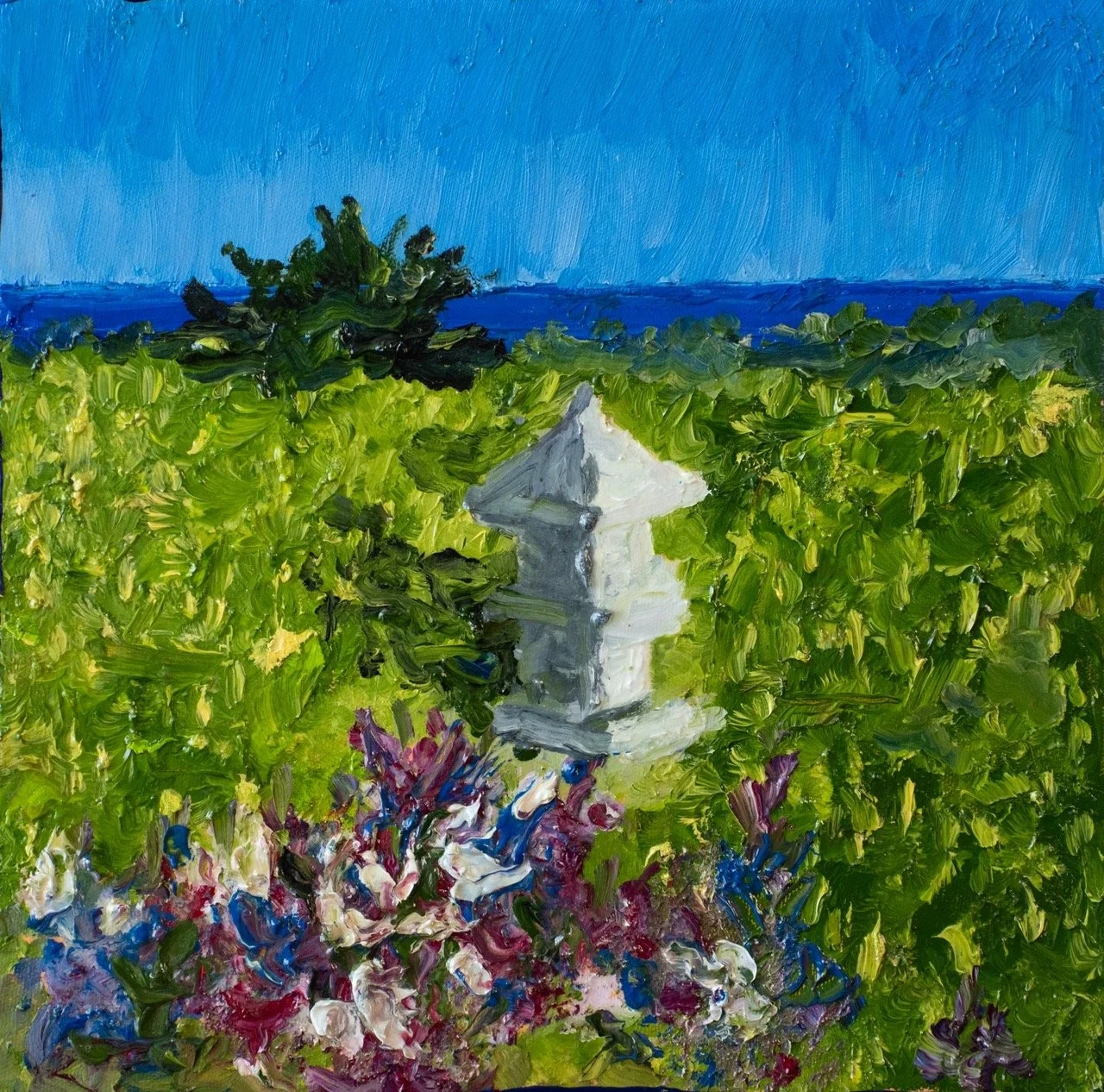 Impressionist painting of a lush green landscape with a small white house, colorful flowers in the foreground, blue sky, and distant ocean in the background.