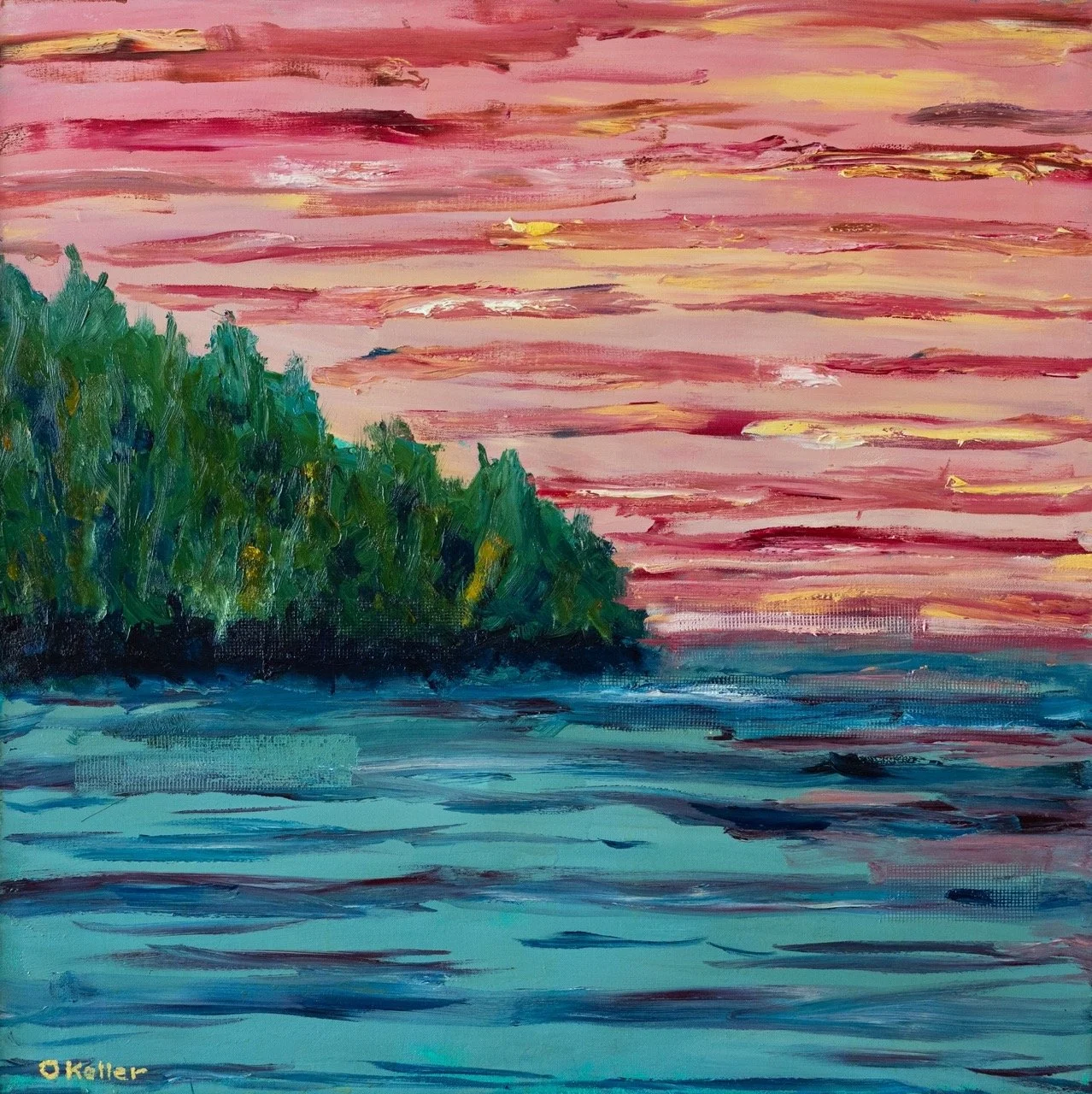 An impressionistic painting of a sunset over a body of water with green trees on the left side. The sky is filled with horizontal strokes of pink, yellow, and red. The water below reflects the sky's colors with blue and dark streaks.