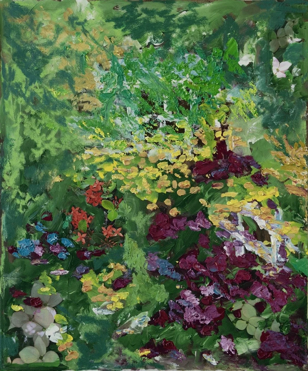 An abstract painting of a lush garden with various green plants and colorful flowers in red, purple, and white, with dappled sunlight.