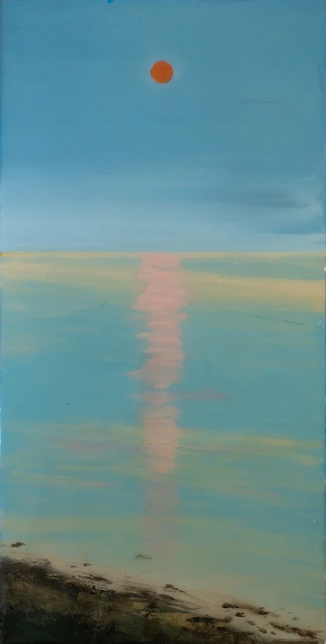 Painting of a serene beach with a calm ocean, a pinkish sun high in a blue sky, and a reflection of the sun on the water.
