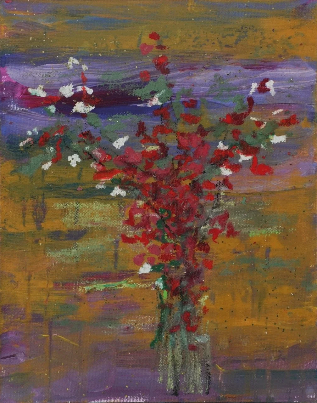 Abstract painting of a bouquet of red, white, and green flowers in a vase against a colorful background.
