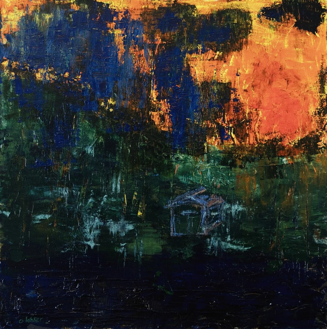 Abstract painting depicting a sunset behind trees with dark green foliage, orange sky, and a small house or shed in the foreground.