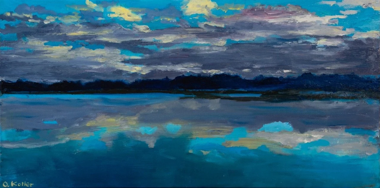 A landscape painting of a dark, cloudy sky over a calm body of water reflecting the sky and clouds.