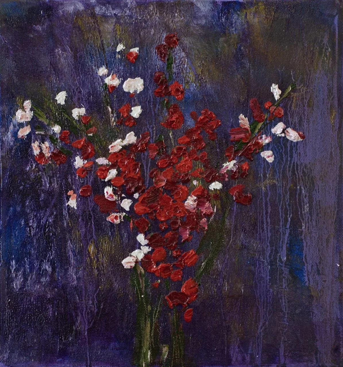 An impressionistic painting of a bouquet of red and white flowers against a textured purple background.