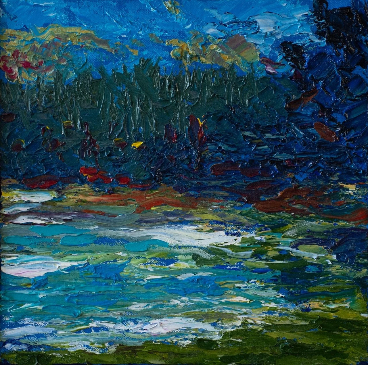 Impressionist style landscape painting of a river or pond with trees and sky reflected in the water, using thick, textured brushstrokes in blue, green, red, yellow, and white.