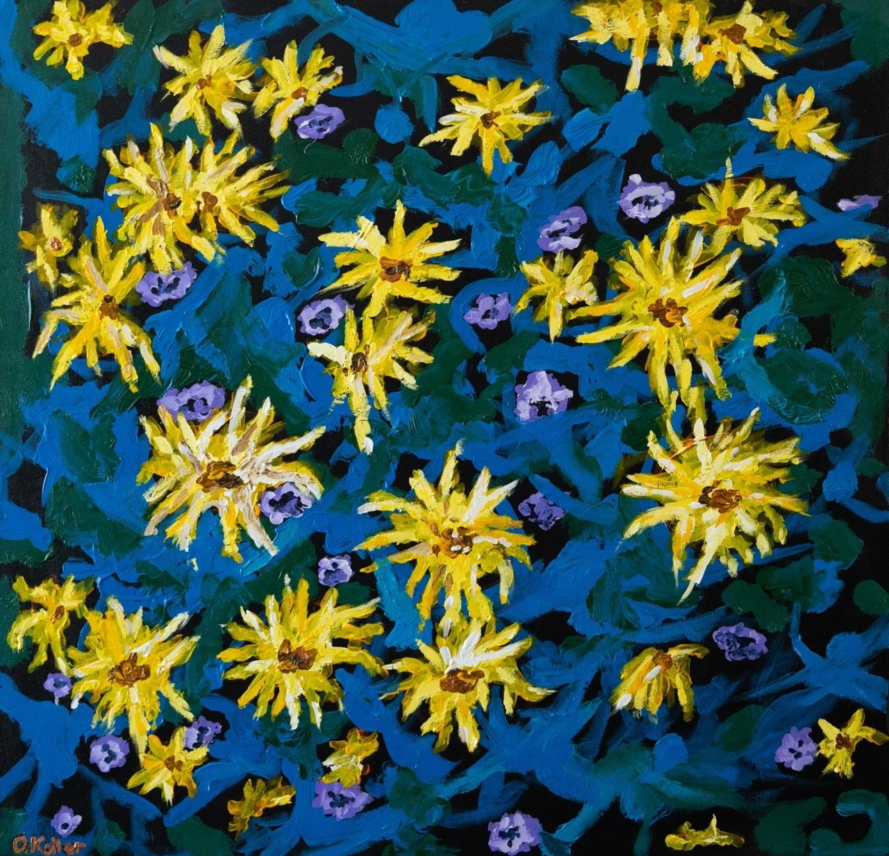 A vibrant painting of yellow flowers with brown centers and purple flowers surrounded by green leaves and blue background.