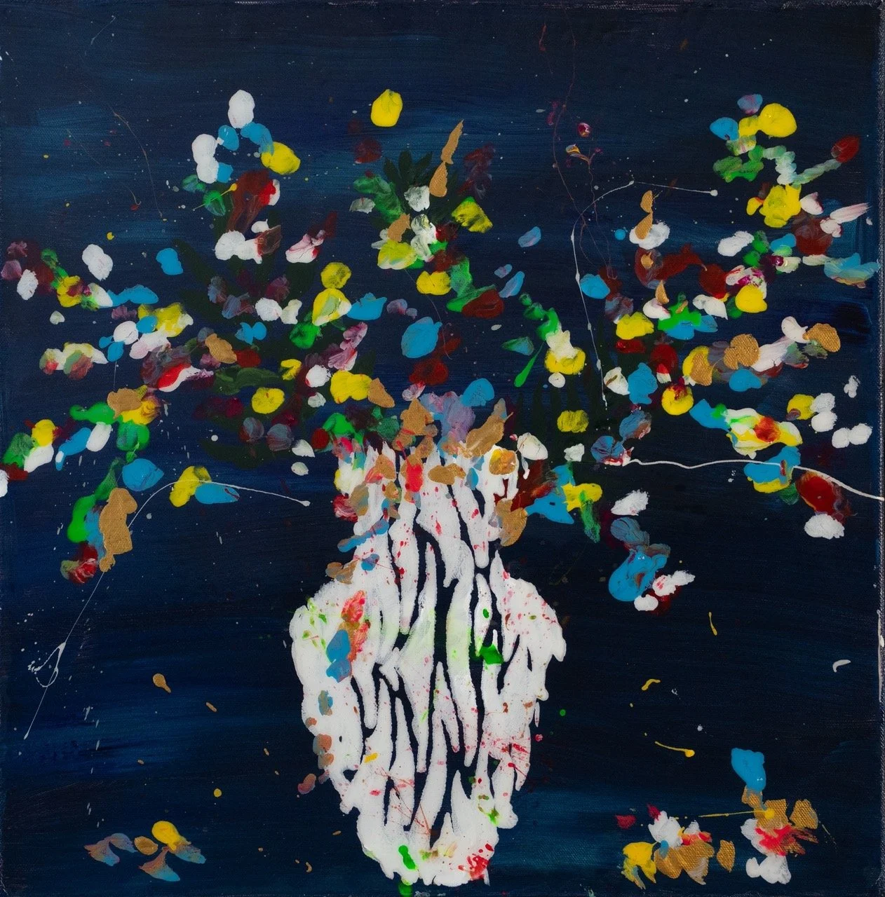 A colorful abstract painting of a tree with a dark background, featuring a white trunk and branches with splashes of bright colors such as blue, yellow, green, red, and gold, resembling leaves.