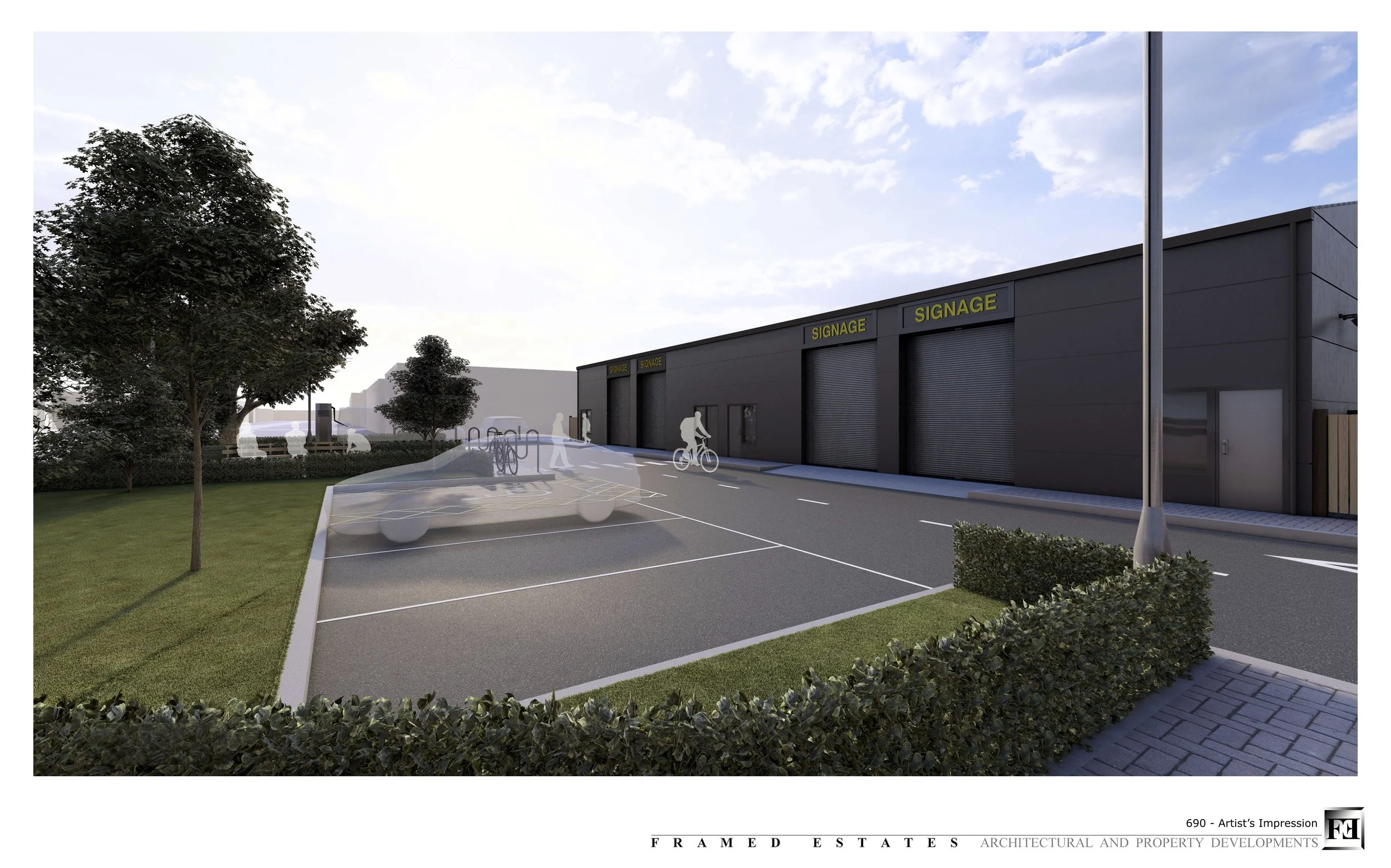 Artist's impression of a modern commercial building with signage, parking lot, and bicycle racks, surrounded by trees and landscaping, under a cloudy sky.