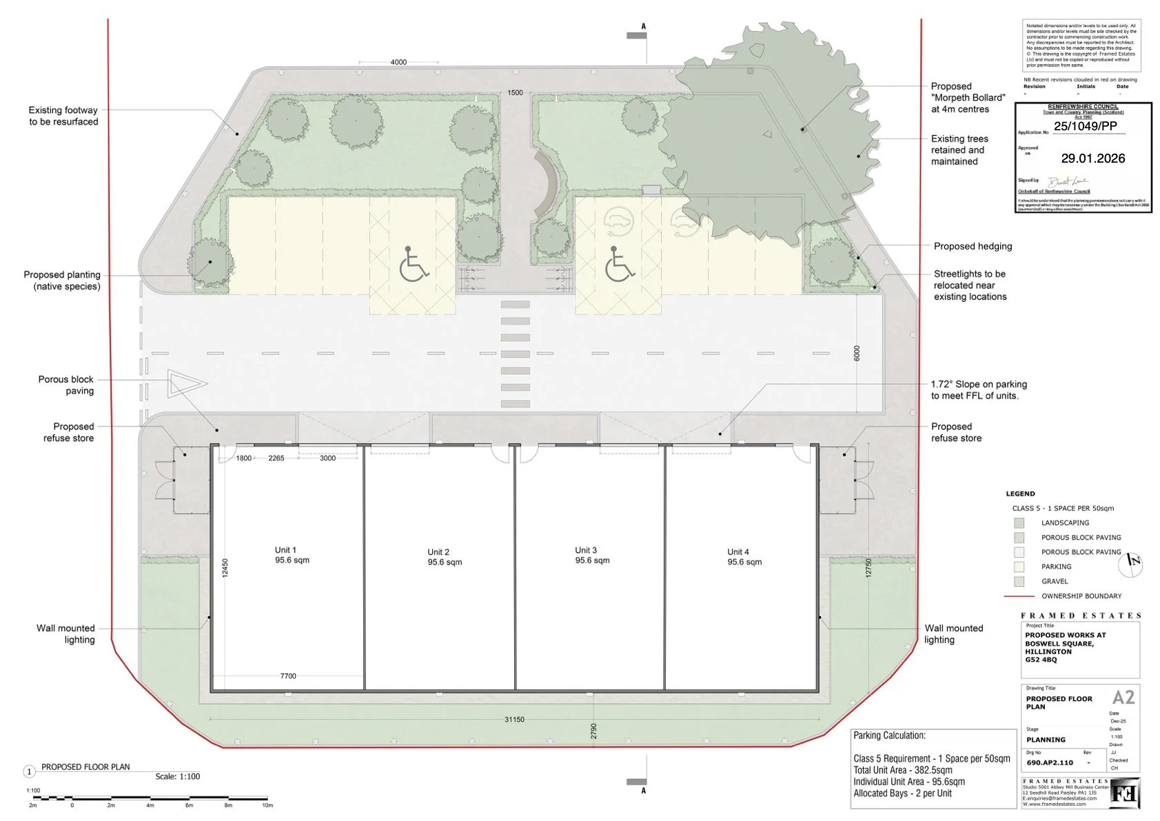Architectural floor plan layout for proposed work at Boswell Square, Hillington, featuring four units, parking, landscaping, bike storage, and designated accessible parking.