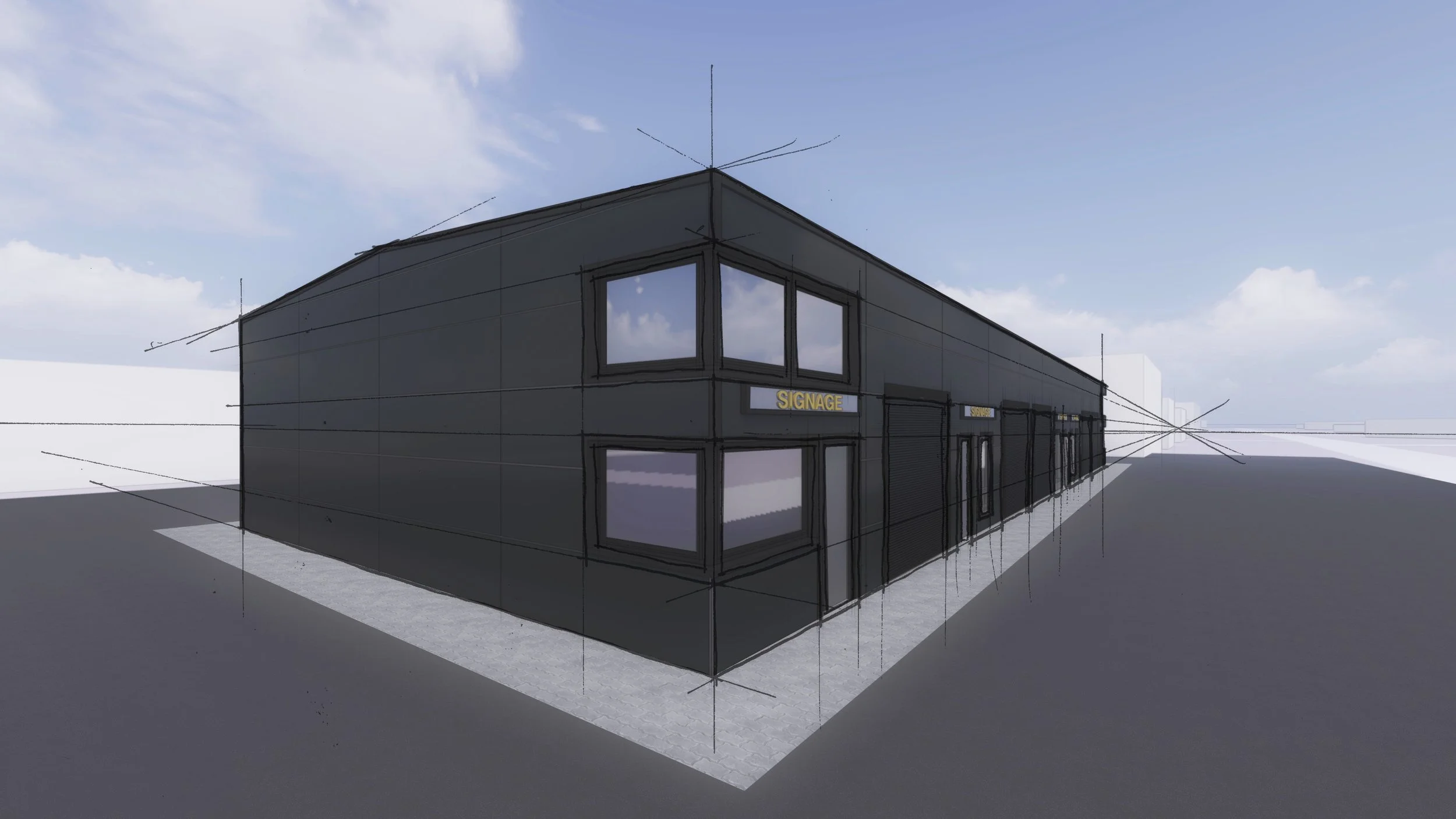 Digital rendering of a black commercial building with large windows and a sign that says 'SIGNAGE' on the front, under a partly cloudy sky.