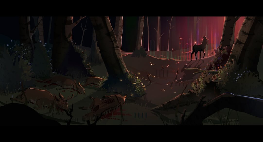 Finally finished all 15 panels done now to add animation  gonna try to do that all this weekend as well as dizzycat oh joy. The song fits this is supposed to be a relatively happy moment for the deer that just killed all of the others. He feels stron