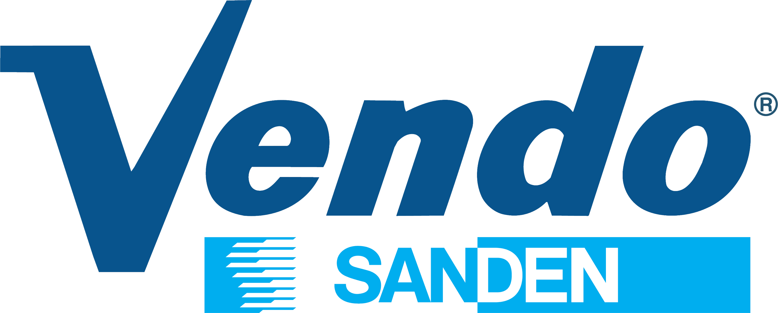 Logo der Firma Vendo Sanden in blauer Schrift auf schwarzem Hintergrund.