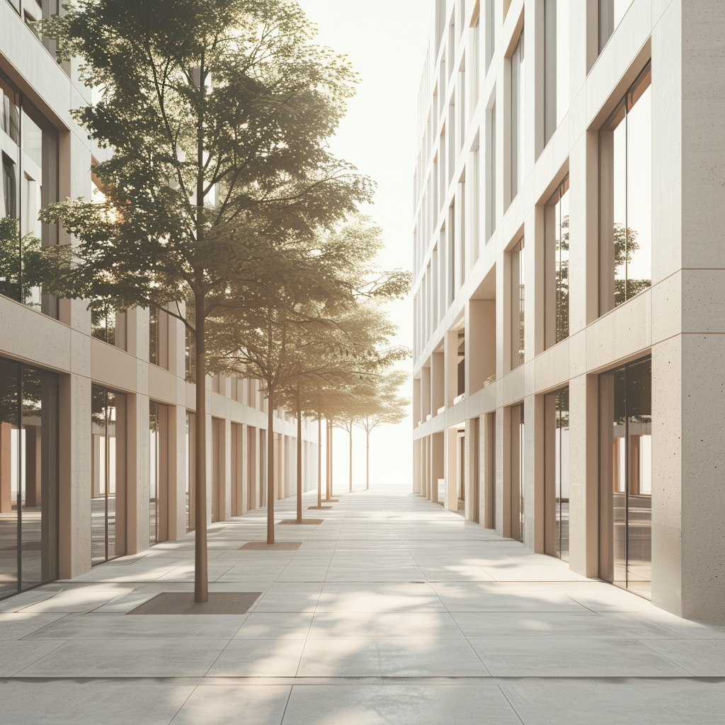 Ein moderner, leere Straße mit Bäumen zwischen zwei Gebäuden bei Sonnenaufgang.