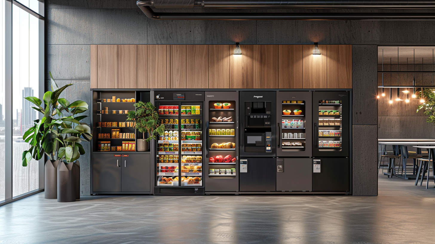 Snacks und Getränke im Automaten in einem modernen Aufenthaltsraum mit Pflanzen und Stadtblick.