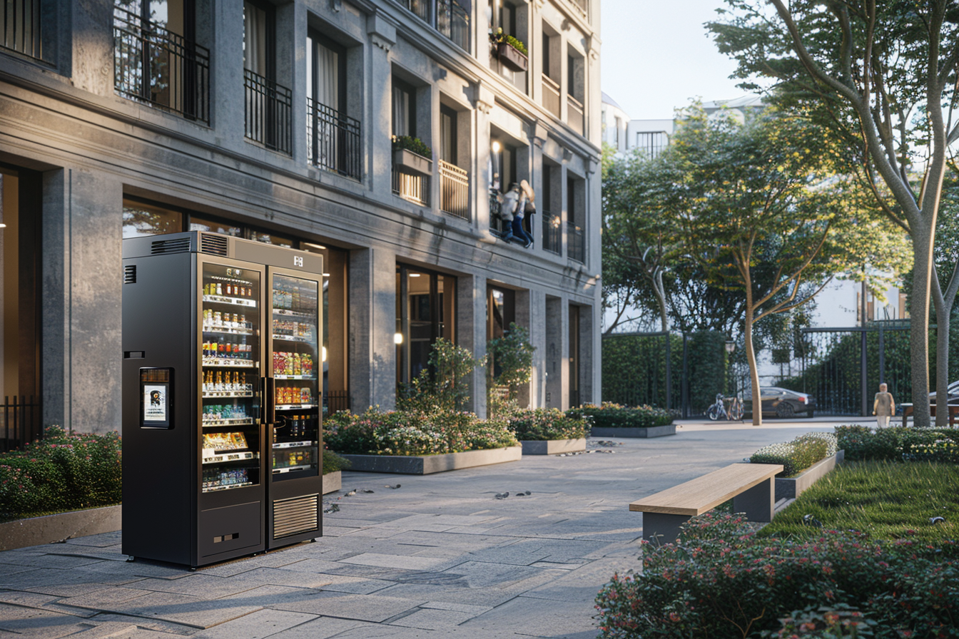 Straßenansicht mit Getränkeautomat, Bänken, Bäumen und Wohngebäude