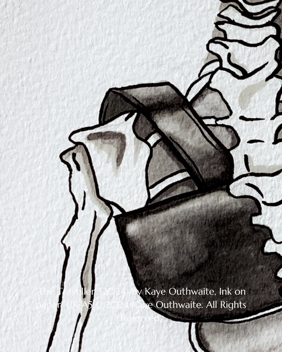 Macro detail of bone texture and ink shading in The Traveller by Kaye Outhwaite