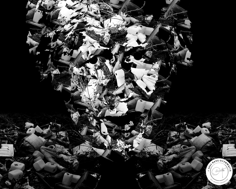 'Show Me What You're Made Of' (2022) photographic collage portrait by Kaye Outhwaite made from waste and pollution imagery