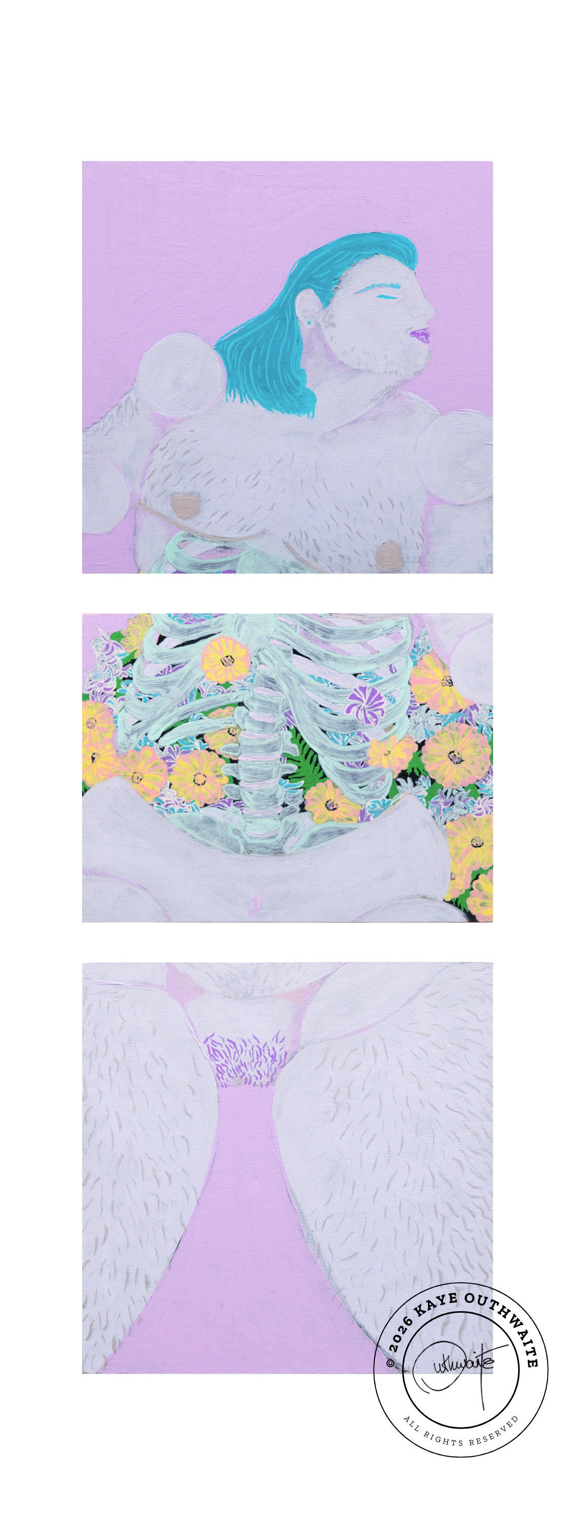 'A Garden Beneath the Skin' (2026) acrylic painting on three wooden panels by Kaye Outhwaite, exploring trans identity
