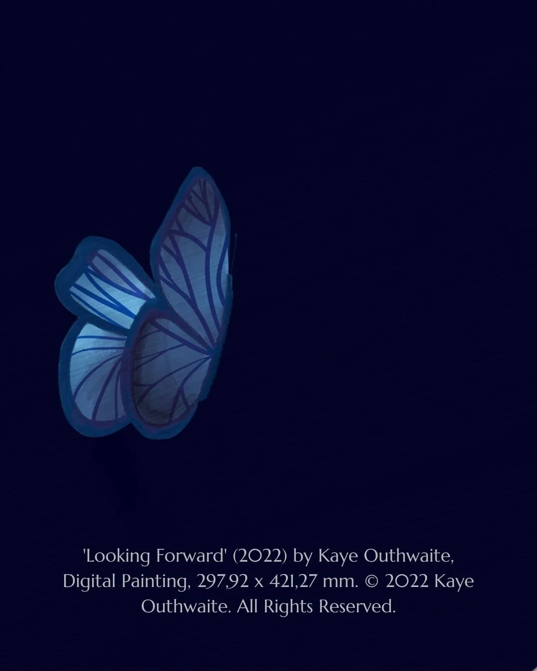 Detail of the vivid blue butterfly in Looking Forward by Kaye Outhwaite