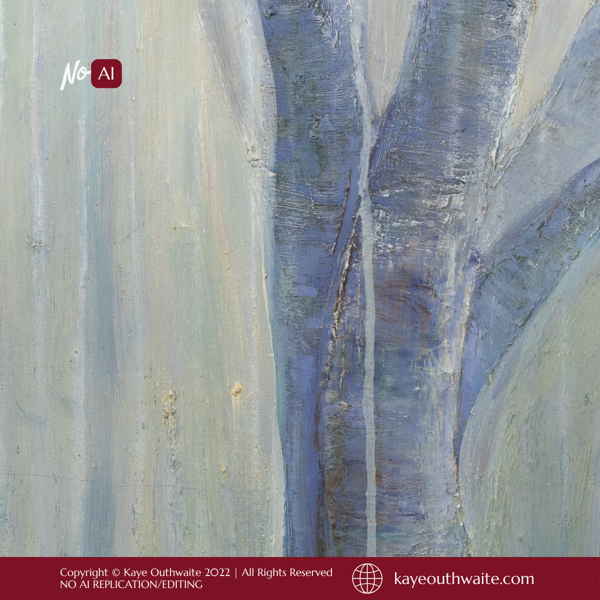 Close-up detail of oil paint texture in 'Forest in Blue' painting, cool wintry blue tones