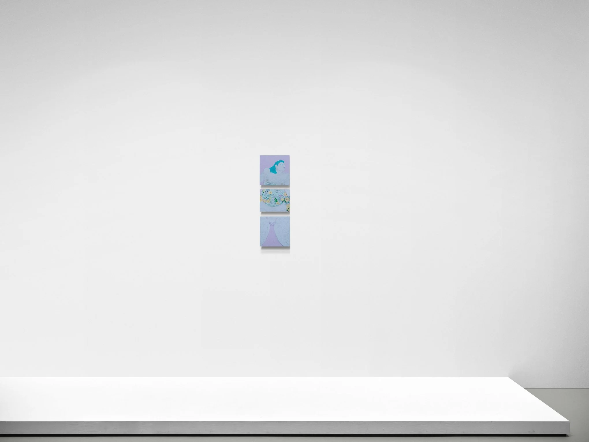 Painting called A Garden Beneath the Skin by multidisciplinary artist Kaye Outhwaite, displayed vertically on a white wall in a minimalist art gallery.
