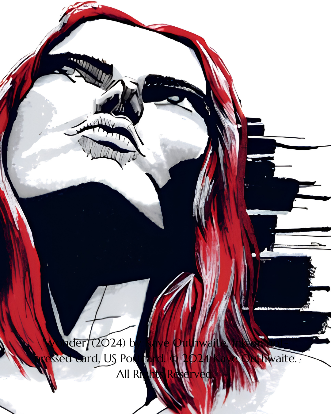 Close-up of red ink hair strands against black linework in Wonder by Kaye Outhwaite