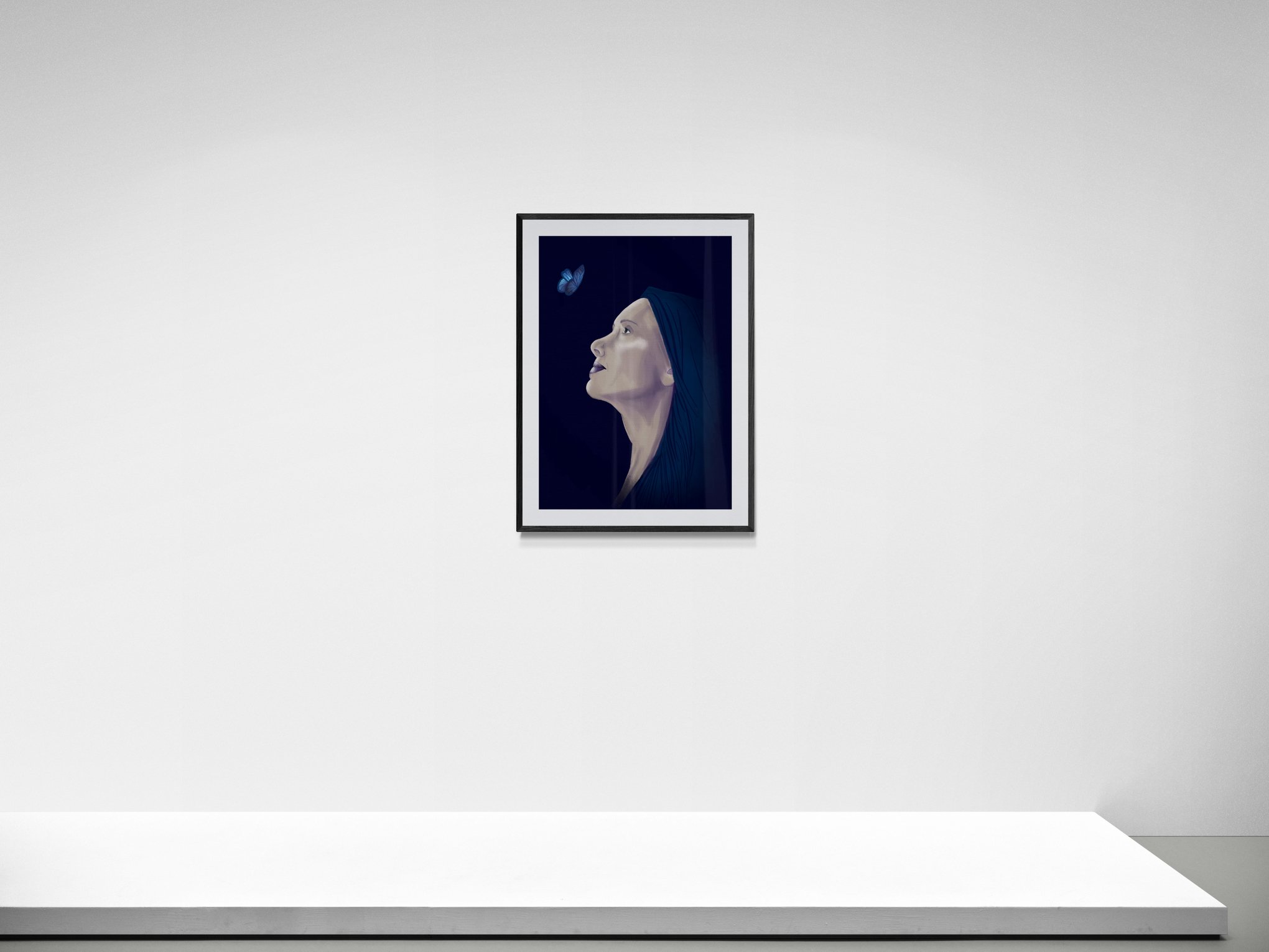 A framed digital artwork called Looking Forward by multidisciplinary artist Kaye Outhwaire. It features a digital painting of a woman with blue hair gazing at a blue butterfly, hanging on a white gallery wall.
