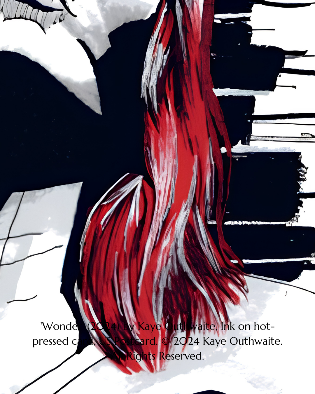 Macro detail of flowing red ink hair texture in Wonder, artwork by Kaye Outhwaite