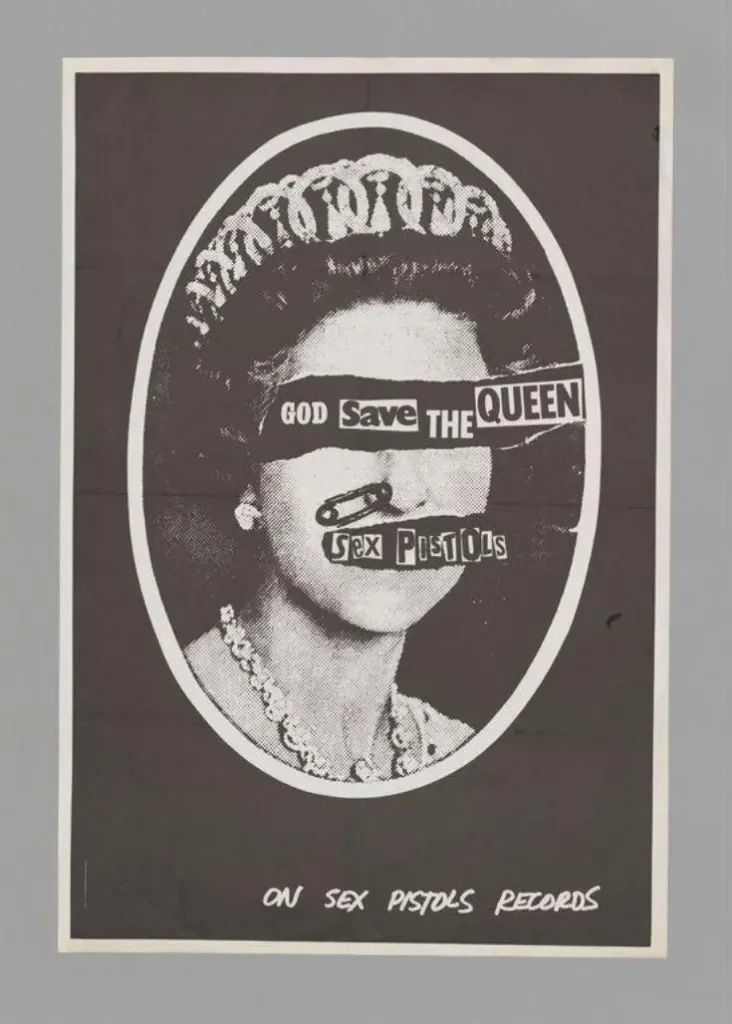 Jamie Reid's 'God Save the Queen' Sex Pistols album cover, referenced as inspiration for Kaye Outhwaite's illustration