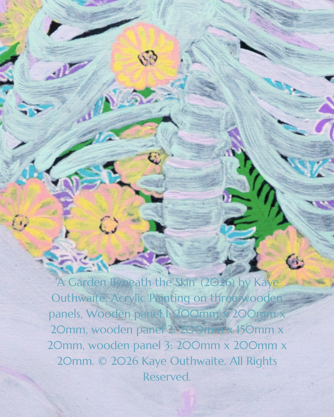 Detail of calendula and hyacinth flowers over ribs in A Garden Beneath the Skin by Kaye Outhwaite