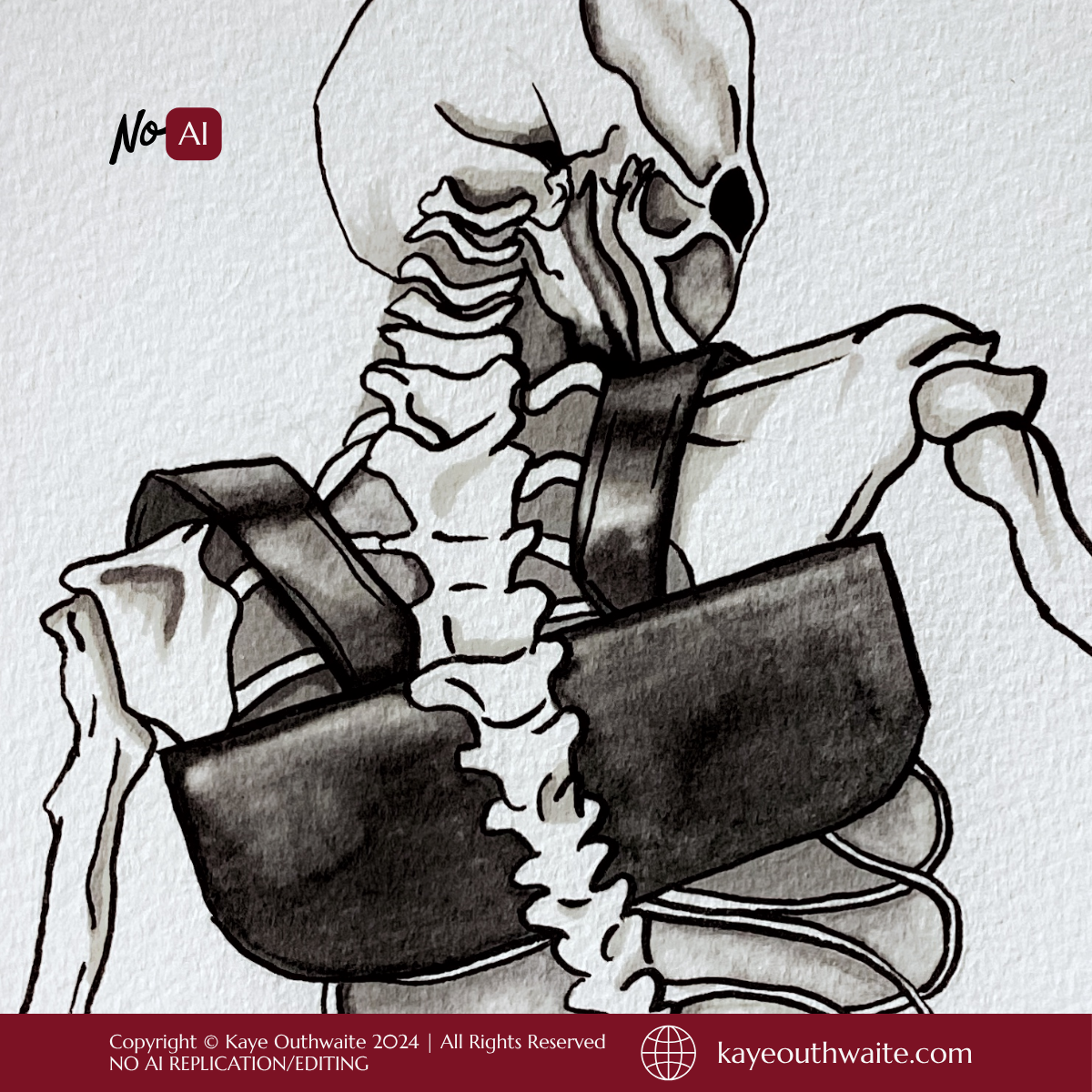 Close-up of ink linework detail in 'The Traveller' skeleton illustration by Kaye Outhwaite