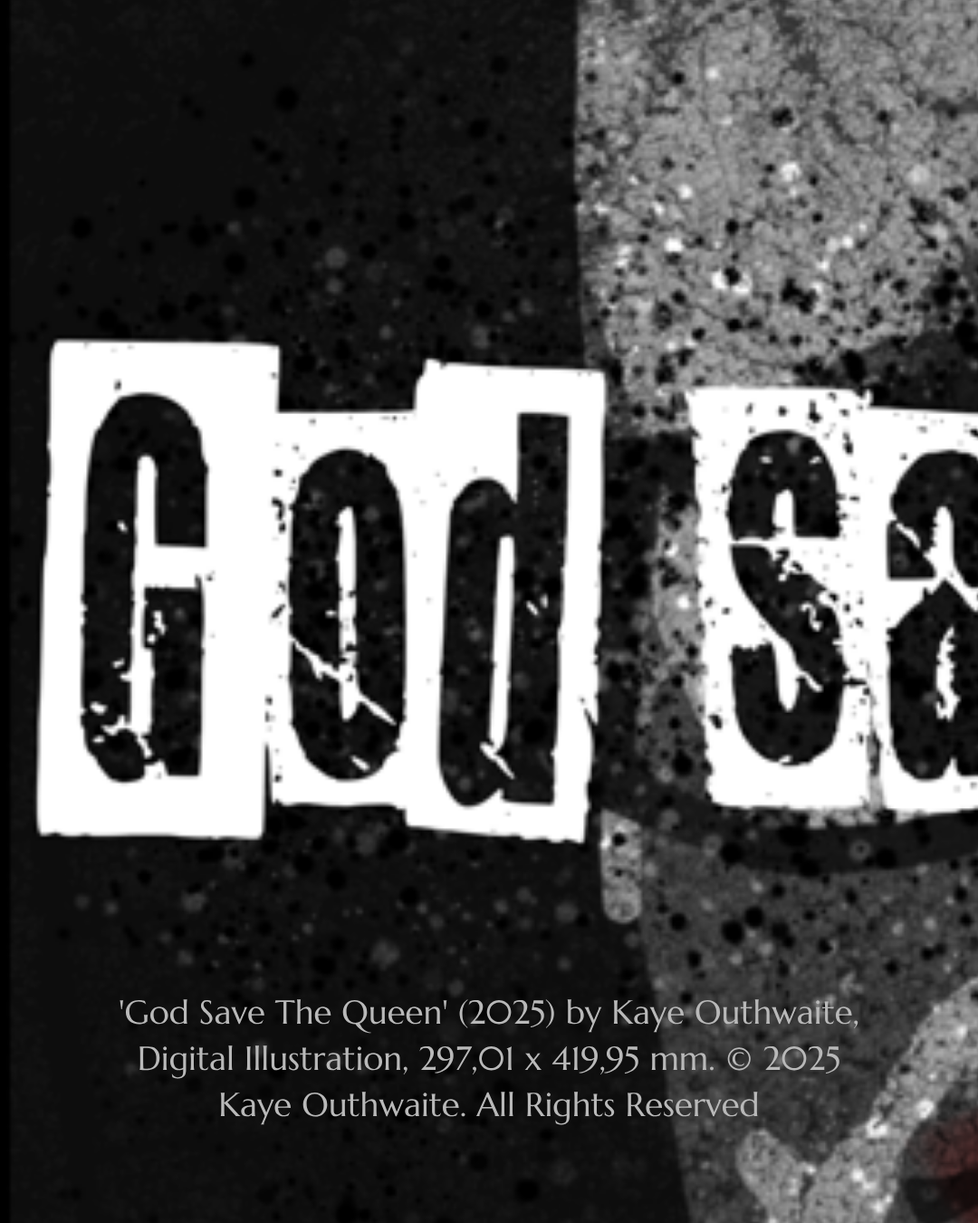 Close-up detail of 'God Save the Queen' showing digital illustration technique
