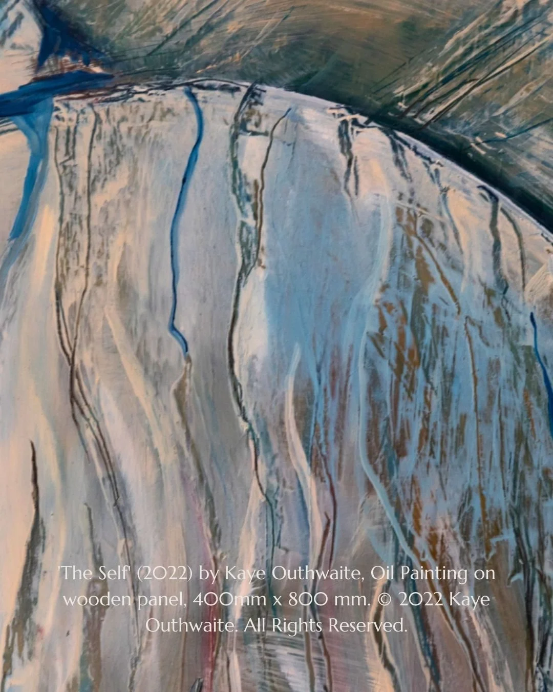 Close-up of exposed underpainting in The Self, oil on wooden panel