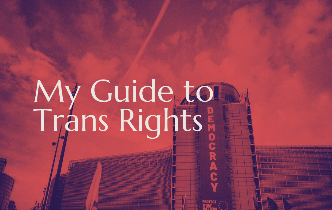 “My Guide to Trans Rights” title text over a red-toned photo of an EU building in Brussels with a “Democracy” banner