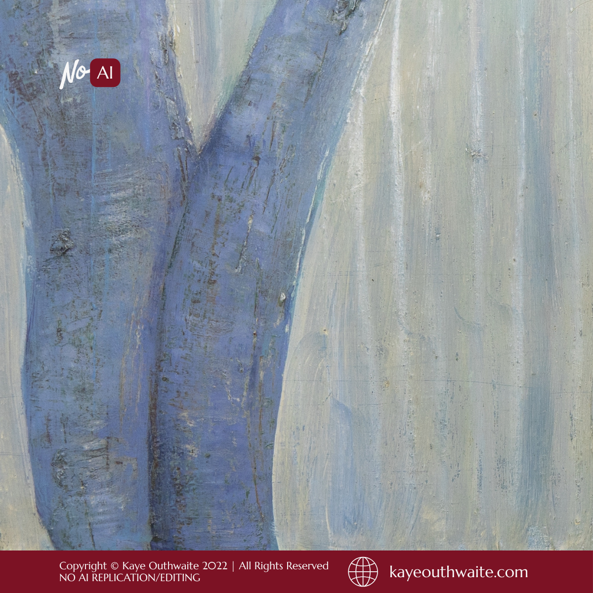 Close-up of brushwork and layered blue tones in 'Forest in Blue' oil painting