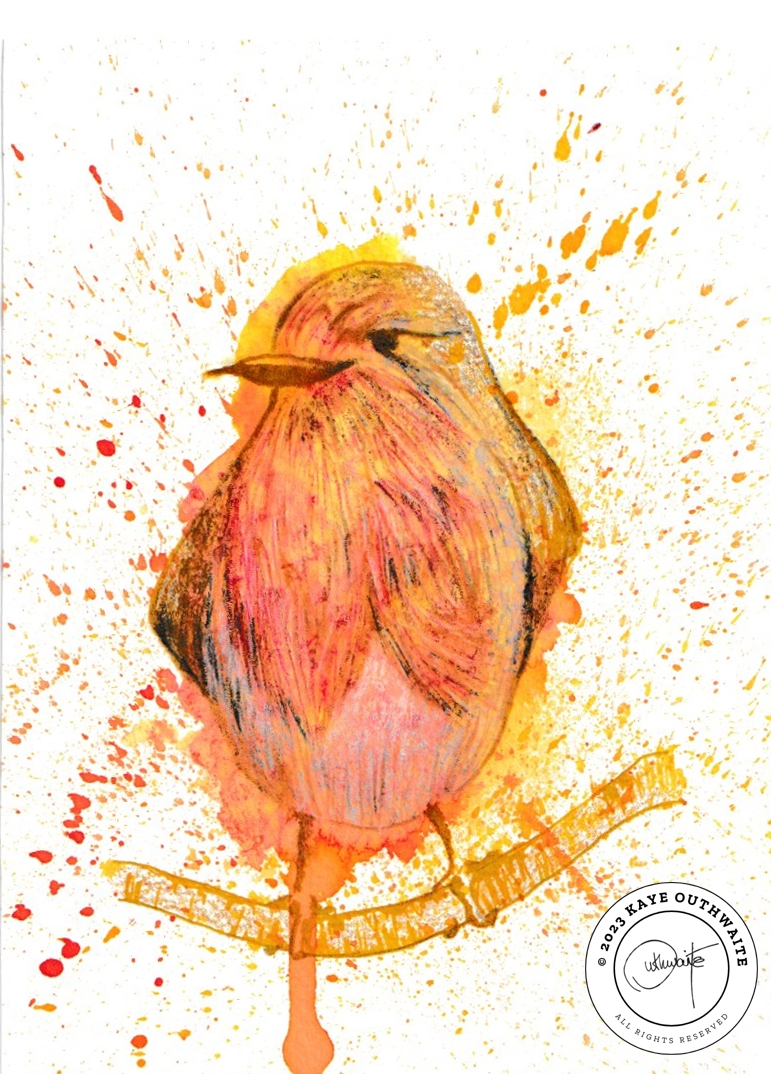 'British Robin' (2023) mixed media artwork on postcard by Kaye Outhwaite