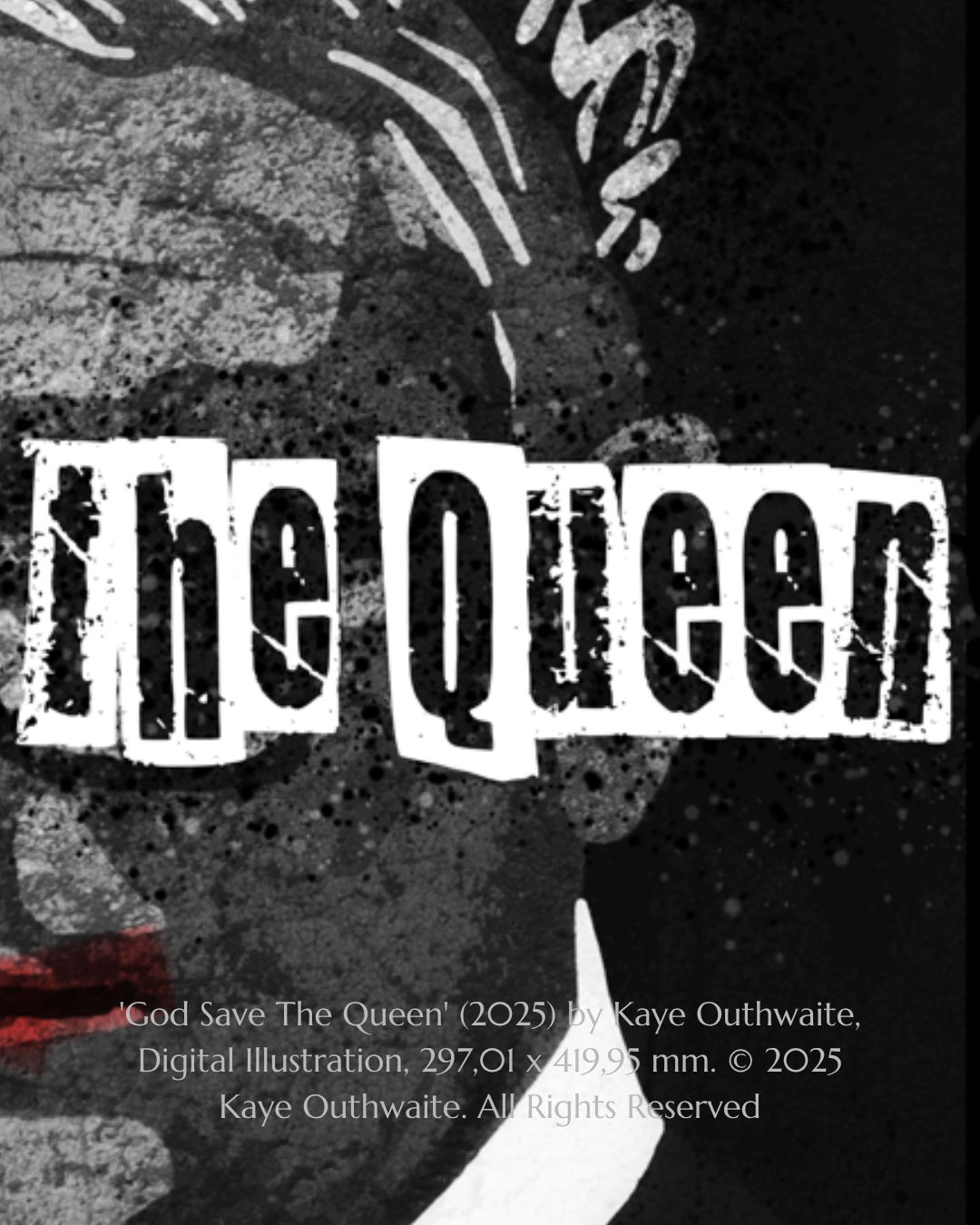 Close-up detail of 'God Save the Queen' showing digital illustration technique