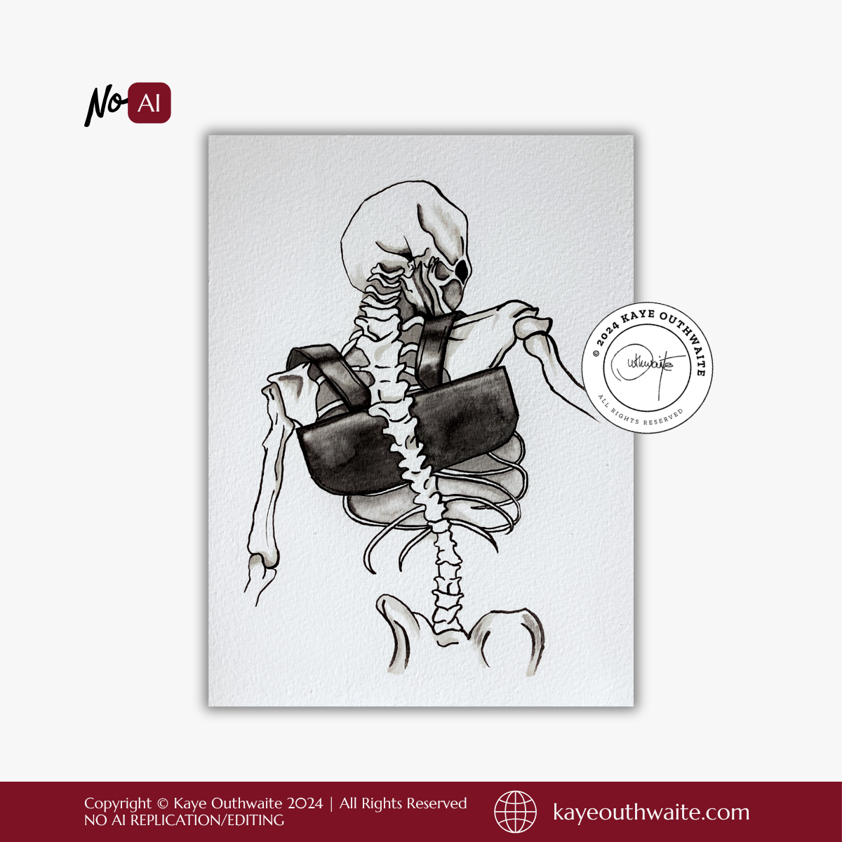 'The Traveller' Original Artwork – Minimalist Skeleton Art Illustration Entwined with Backpack