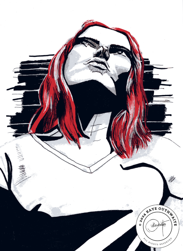 'Wonder' (2024) ink illustration by Kaye Outhwaite, bold red-haired figure in comic style