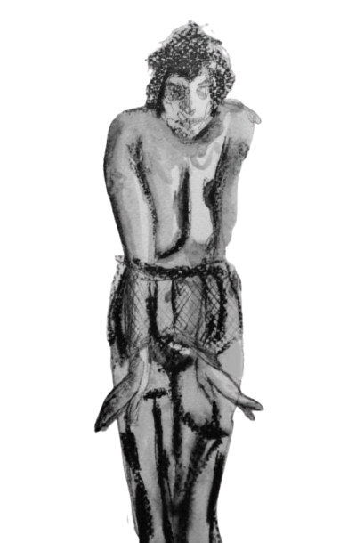 Ink sketch of a nude woman with curly hair, arms crossed over her chest, by multidisciplinary artist Kaye Outhwaite