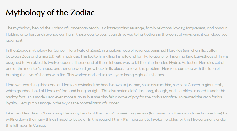 Screenshot of Kaye Outhwaite's blog post on the mythology of the Cancer zodiac, featuring Herakles and Hera